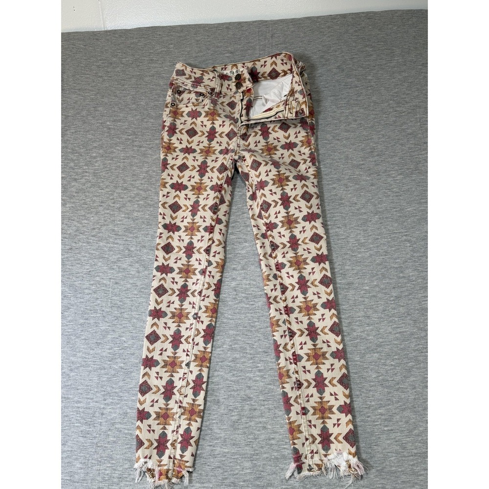 We The Free Jeans Womens 25 Multicolor Skinny Mid Rise Tribal Print Raw Hem